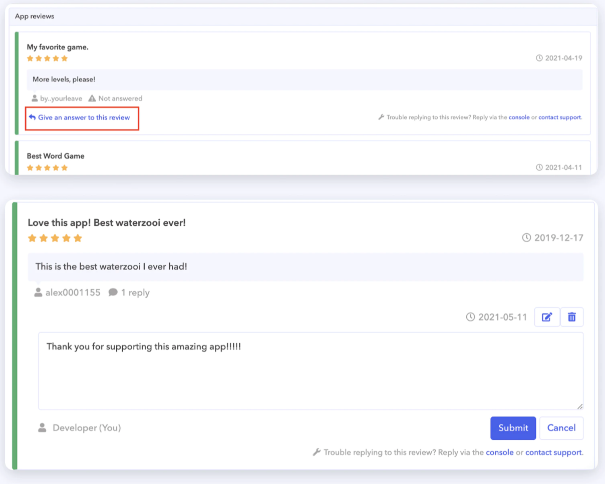 AppTweak provides a "reply" link under each review of your app